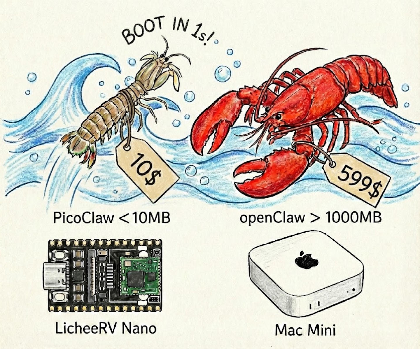 PicoClaw performance comparison chart showing 99% less RAM usage and 400x faster startup compared to alternatives